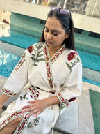 MAROON FLOWER PALM TREE Handblock Printed Waffle Cotton Bathrobe image 5