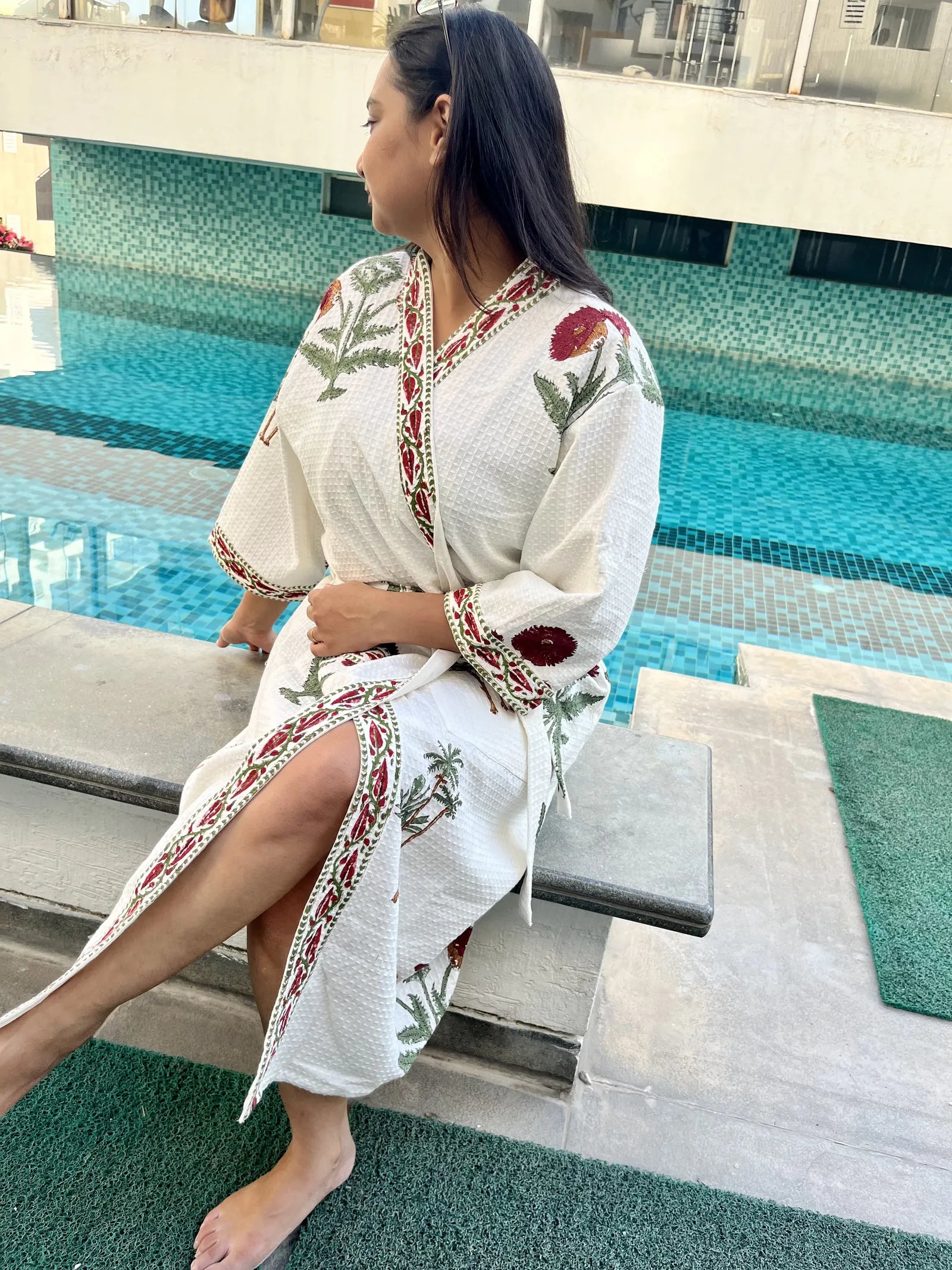 MAROON FLOWER PALM TREE Handblock Printed Waffle Cotton Bathrobe image 6