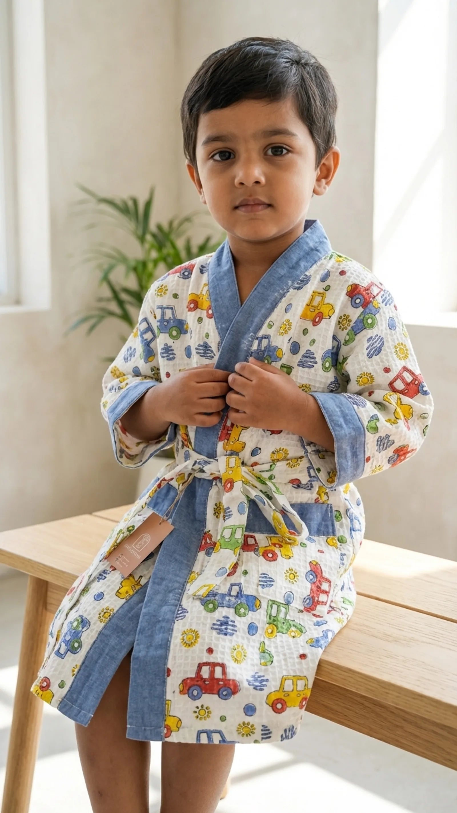 Multicolor Car Waffle Cotton Kids Bathrobe image 2