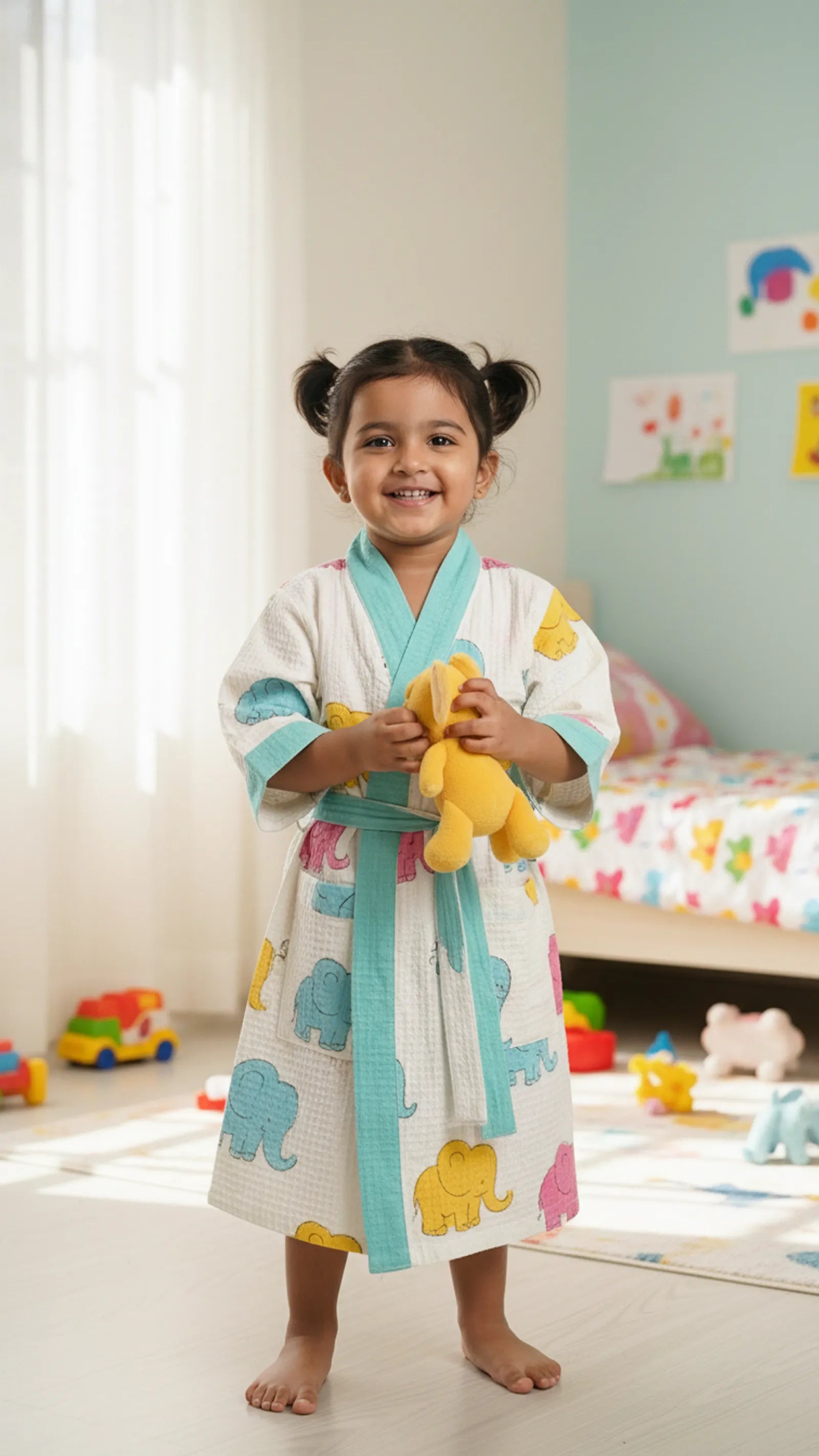 Multicolor Elephant Waffle Cotton Kids Bathrobe image 1