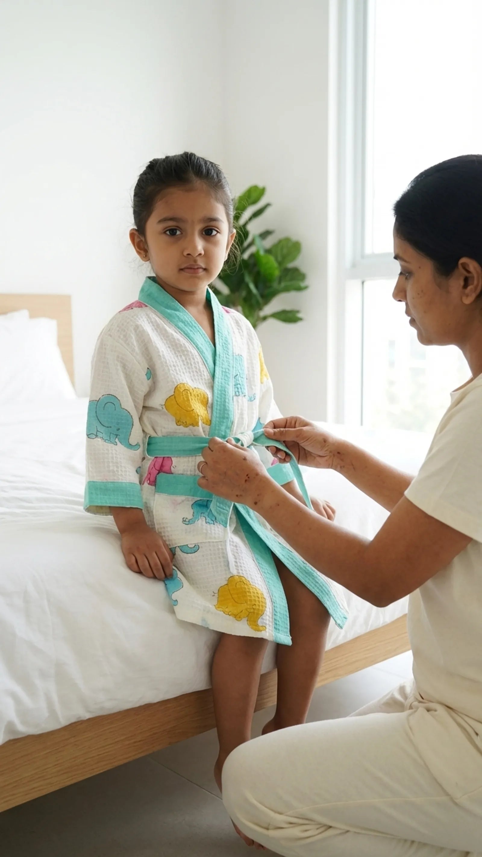 Multicolor Elephant Waffle Cotton Kids Bathrobe image 2