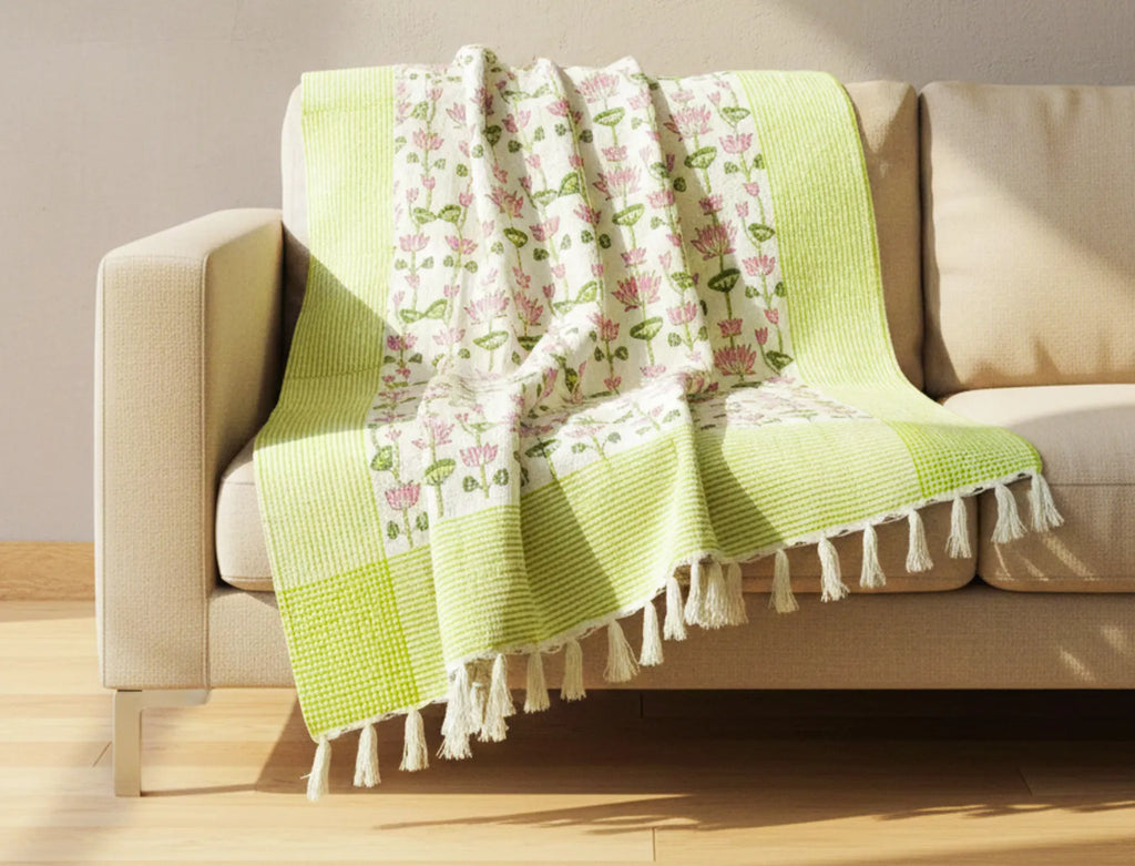 Nalini Pink Lotus Handblock TNT Cotton Throw Blanket image 1