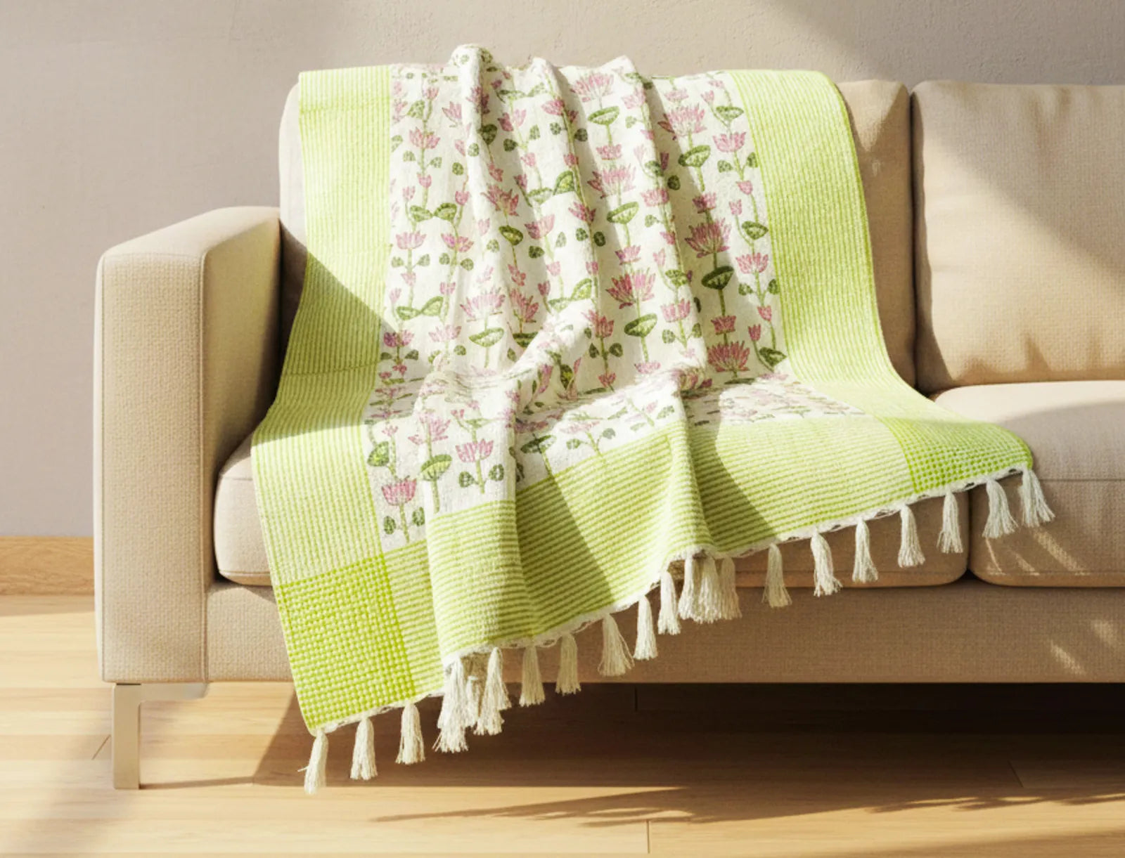 Nalini Pink Lotus Handblock TNT Cotton Throw Blanket image 1