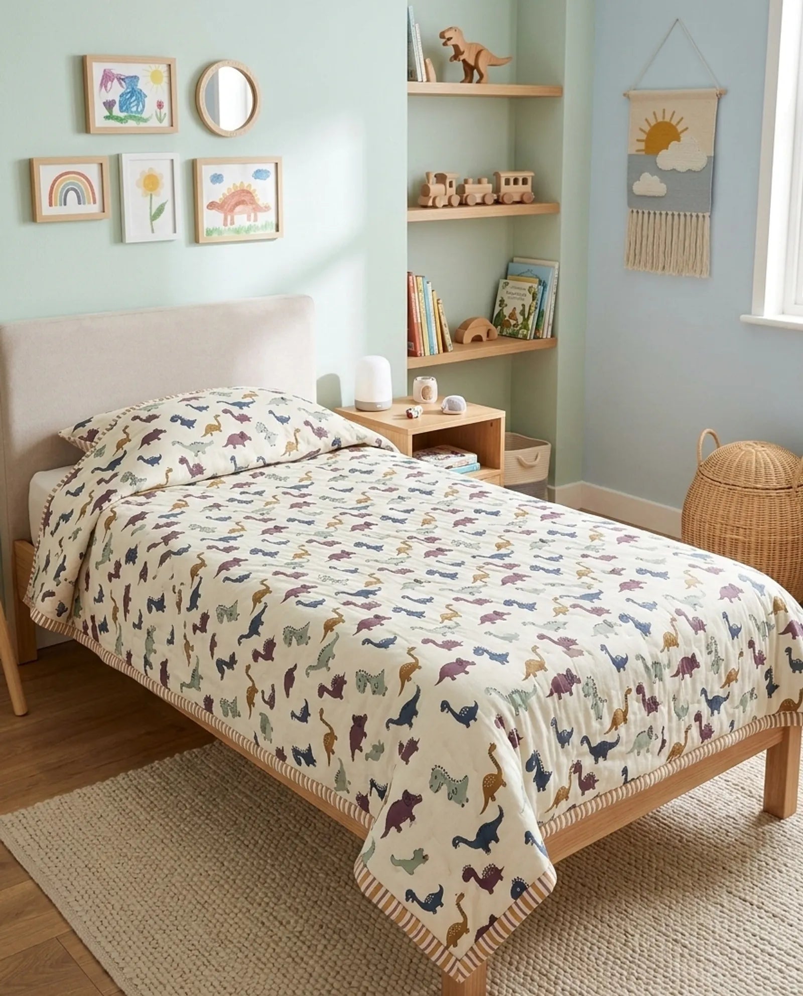 Offwhite Dino Handblock Mul Cotton Kids Quilt image 1
