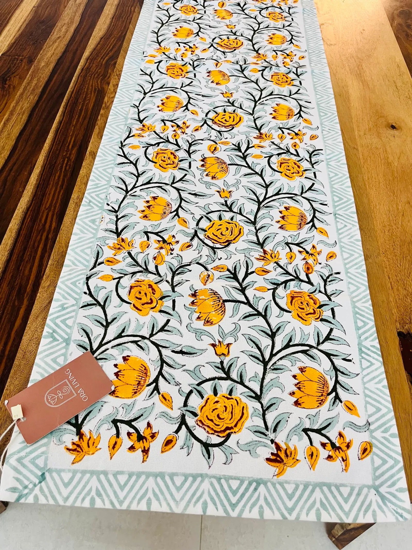 Orange Floral Handblock Canvas Cotton Table Runner image 1