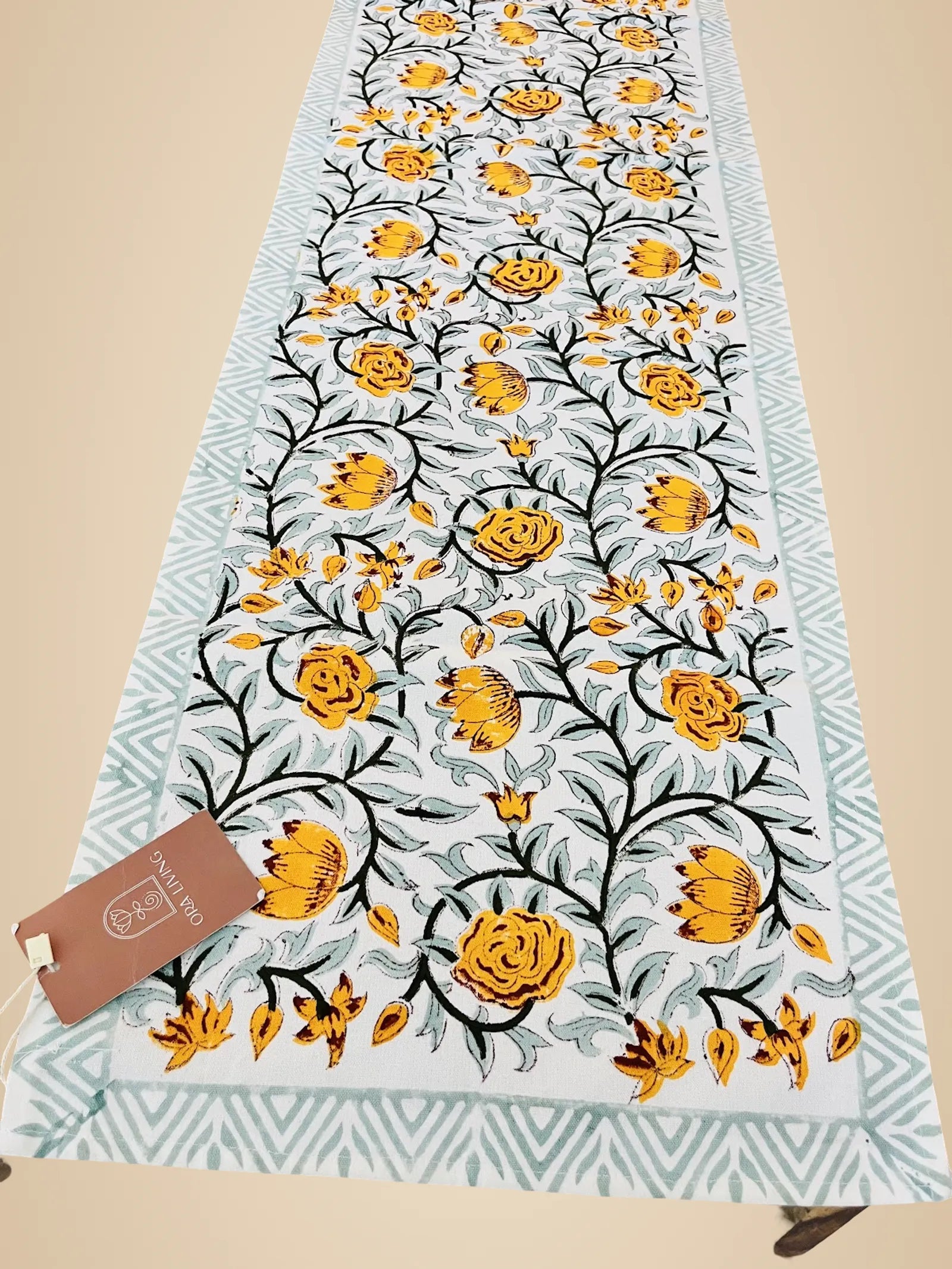 Orange Floral Handblock Canvas Cotton Table Runner image 2