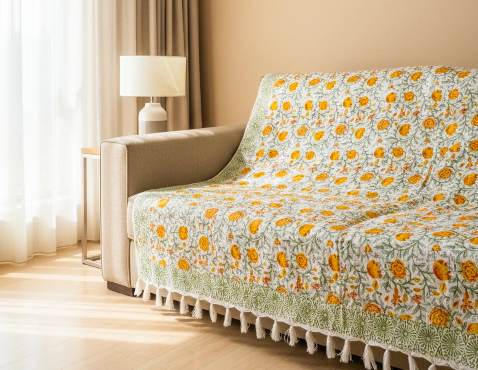 Orange Floral Jal Handblock TNT Cotton Throw Blanket image 1