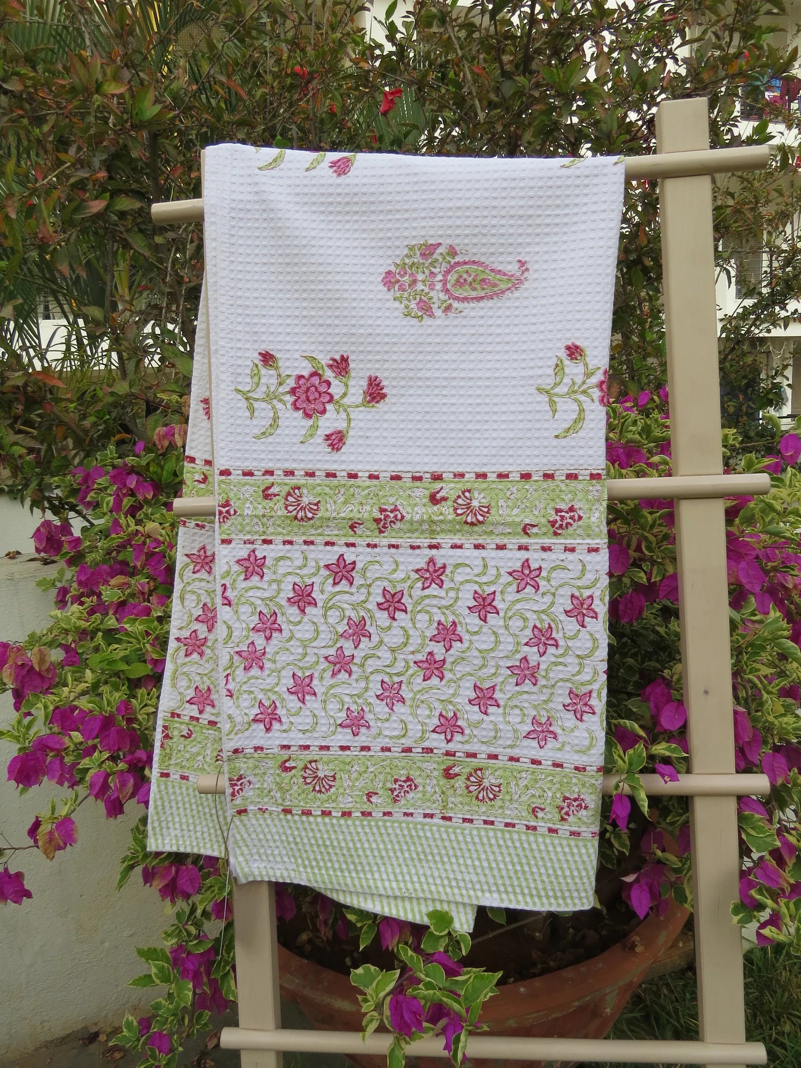 Paisley Flower Handblock Waffle Cotton Bath Towel image 1