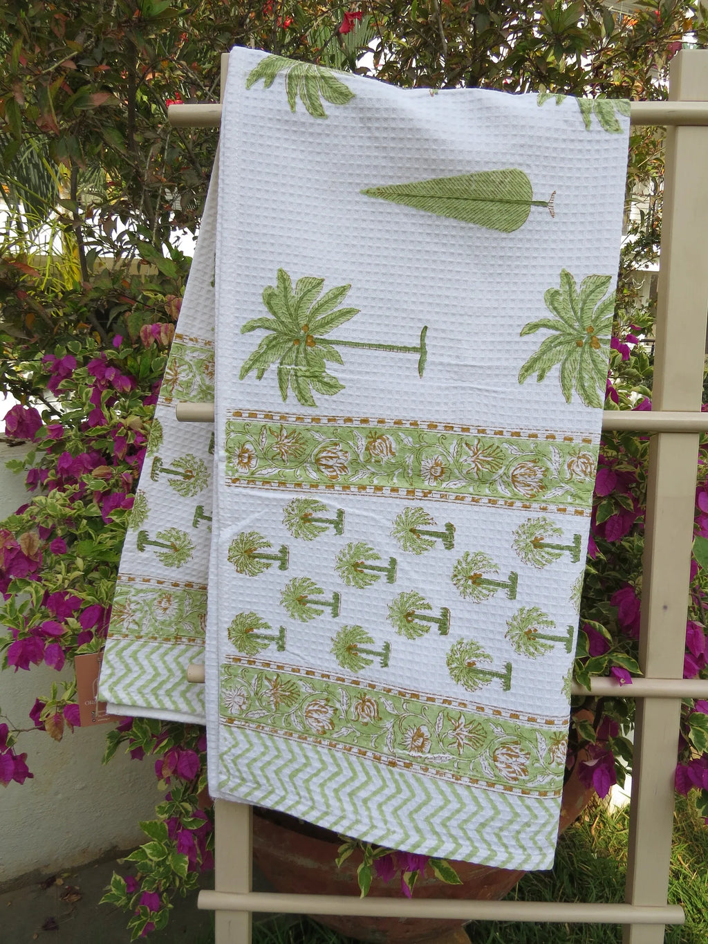 Palm Tree And Cypress Handblock Waffle Cotton Bath Towel image 1