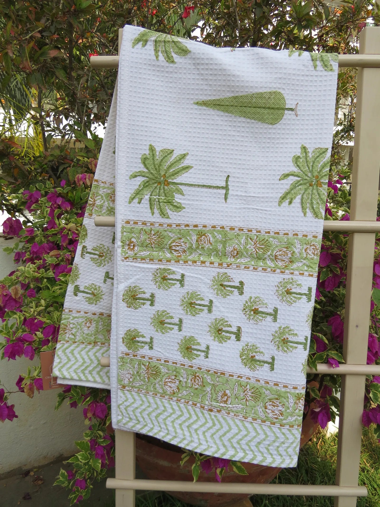 Palm Tree And Cypress Handblock Waffle Cotton Bath Towel image 1
