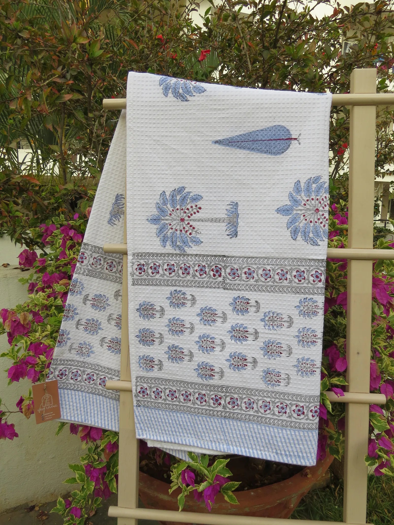 Palm Tree And Cypress Handblock Waffle Cotton Bath Towel image 1