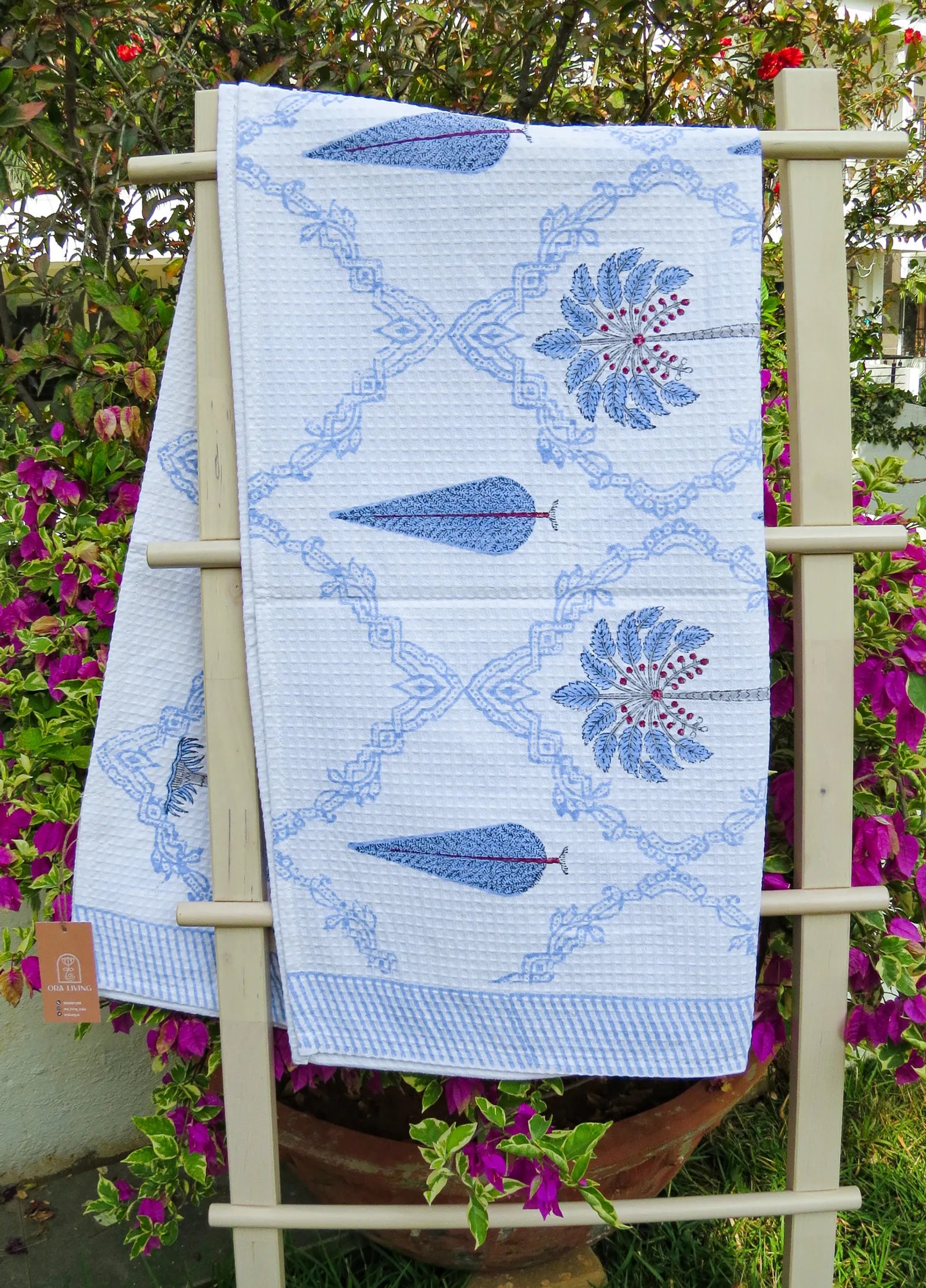 Palm Tree And Cypress Handblock Waffle Cotton Bath Towel image 1