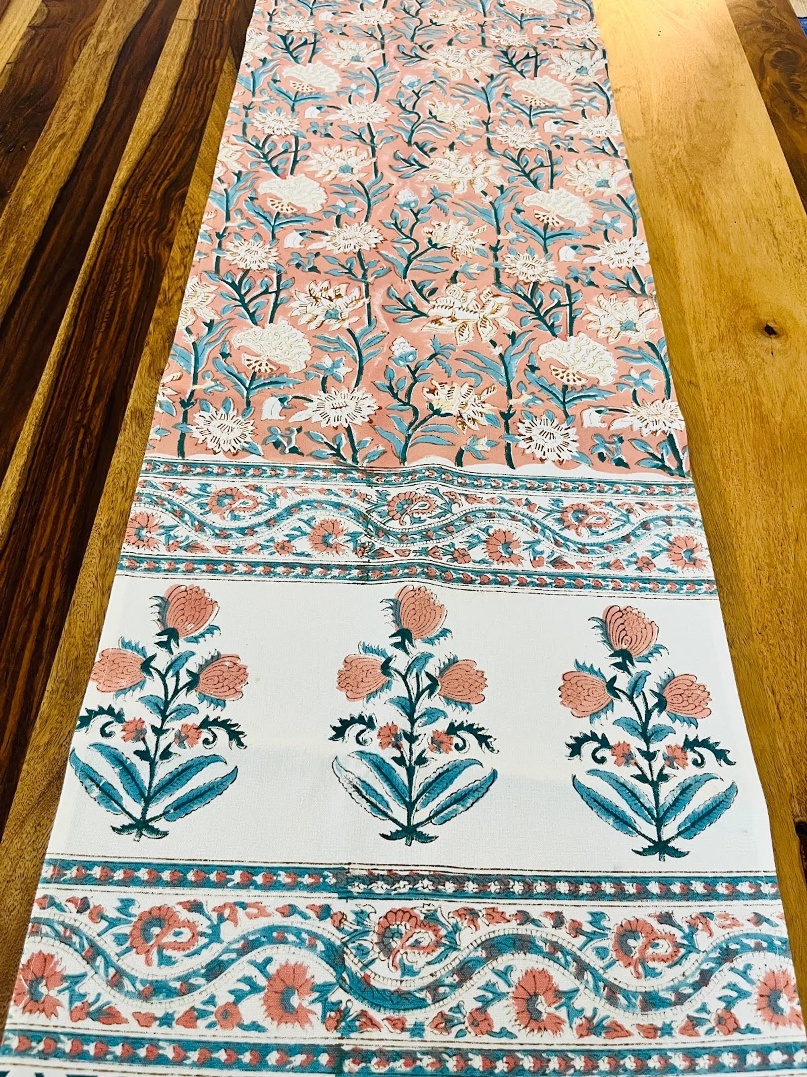 Peach Floral Handblock Canvas Cotton Table Runner image 1