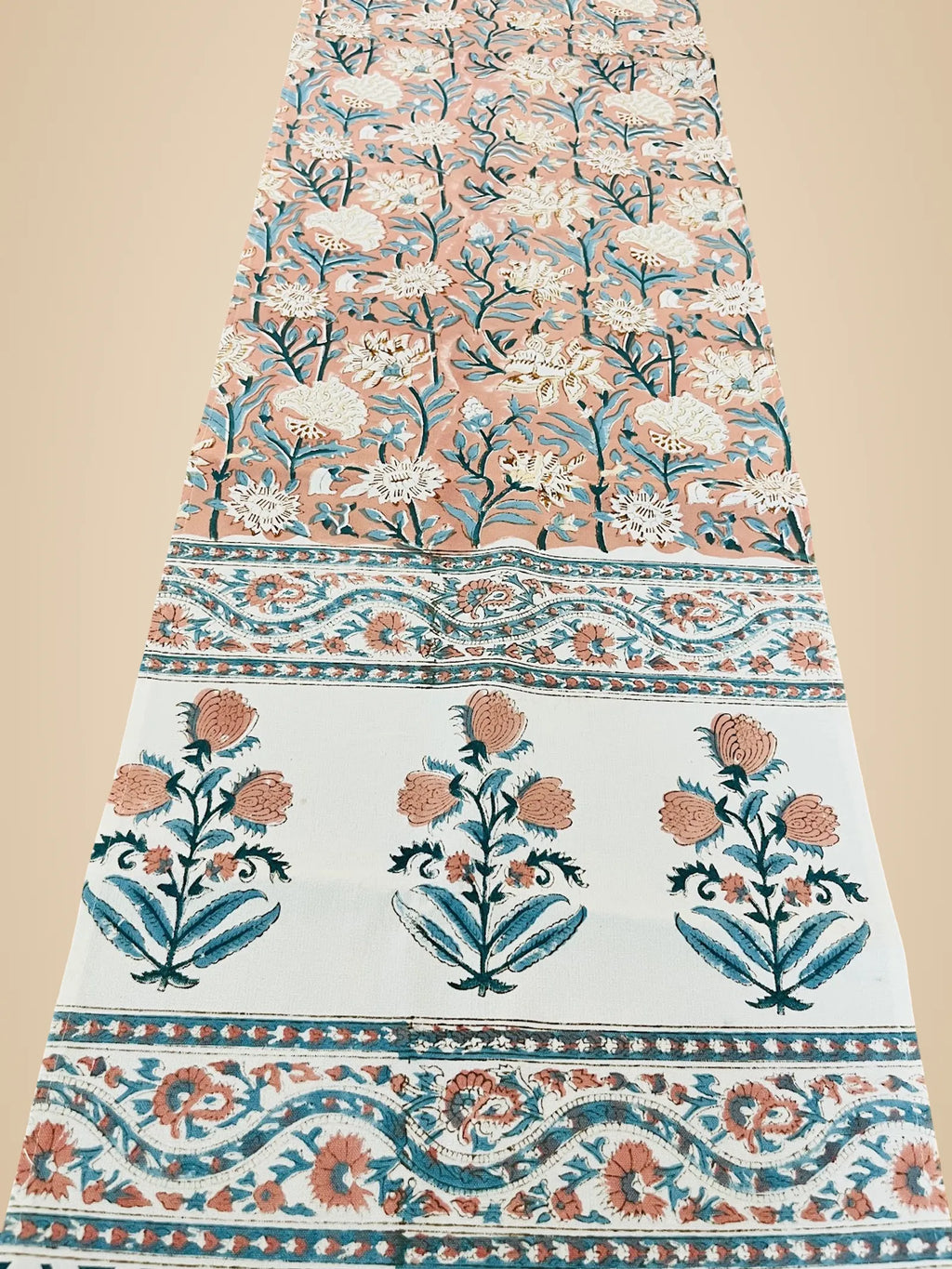 Peach Floral Handblock Canvas Cotton Table Runner image 2