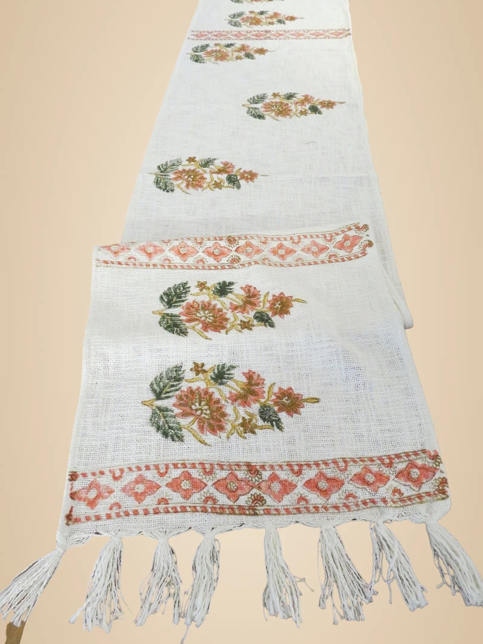 Peach White Handblock TNT Cotton Table Runner image 2