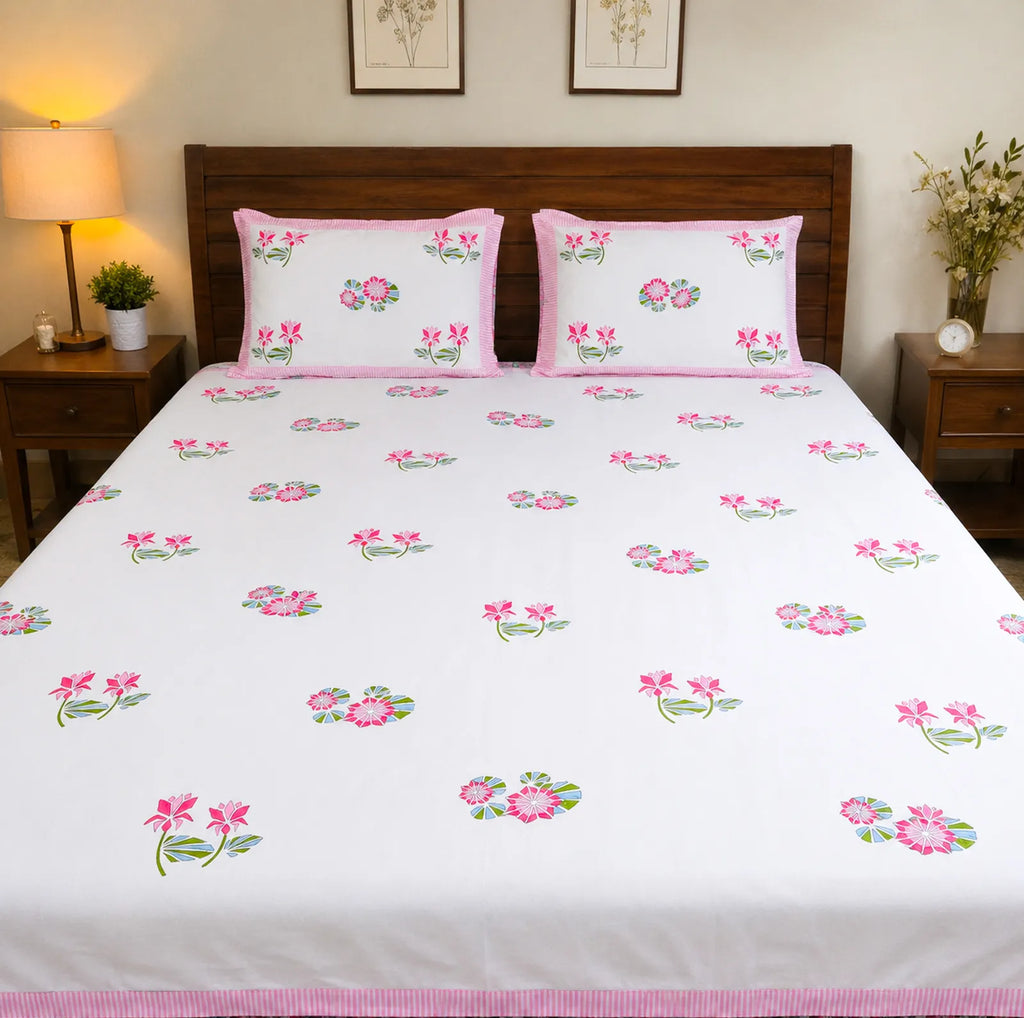 Pink & Green Lotus Flower Handblock Premium Cotton Bedsheet Set image 1
