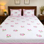 Pink & Green Lotus Flower Handblock Premium Cotton Bedsheet Set image 1