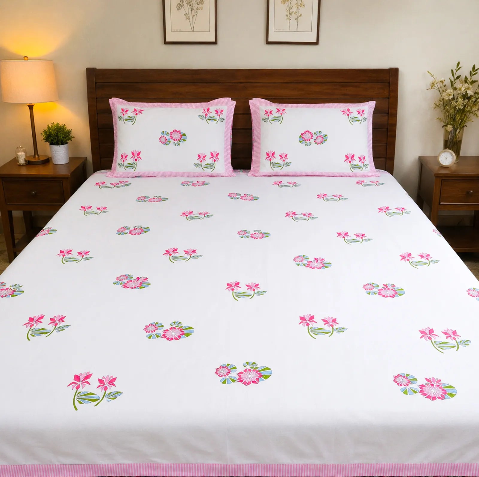 Pink & Green Lotus Flower Handblock Premium Cotton Bedsheet Set image 1