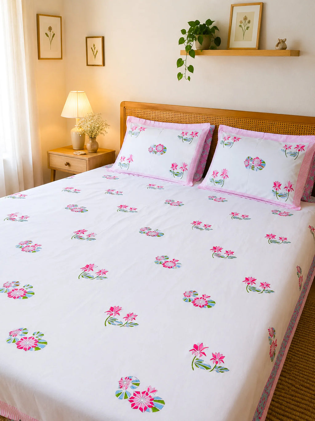 Pink & Green Lotus Flower Handblock Premium Cotton Bedsheet Set image 2