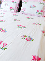 Pink & Green Lotus Flower Handblock Premium Cotton Bedsheet Set image 3