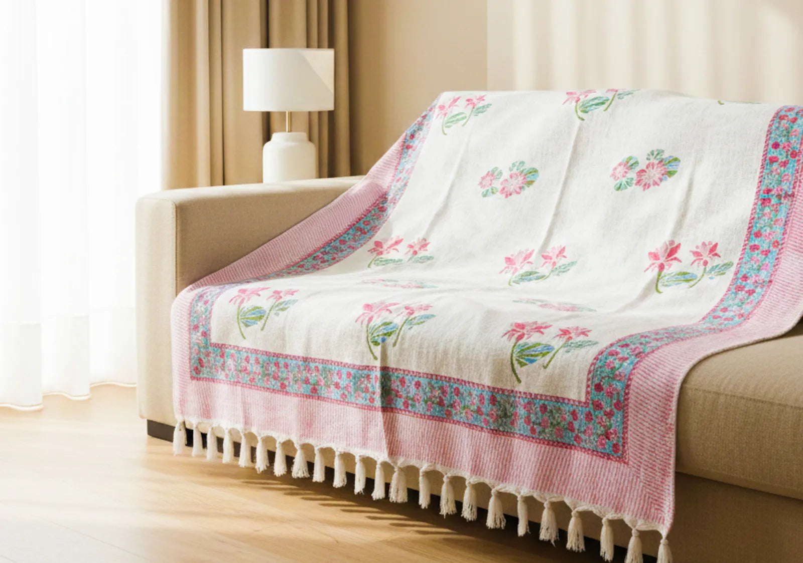 Pink & Green Lotus Flower Handblock TNT Cotton Throw Blanket image 1