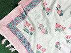 Pink & Green Lotus Flower Handblock TNT Cotton Throw Blanket image 2