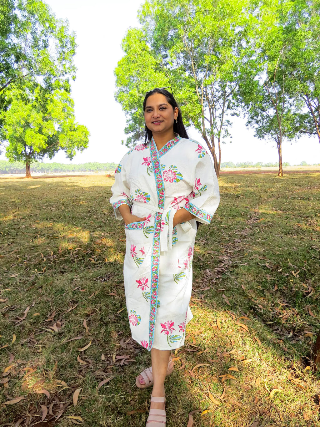 Pink Blue Floral Handblock Printed Waffle Cotton Bathrobe image 1