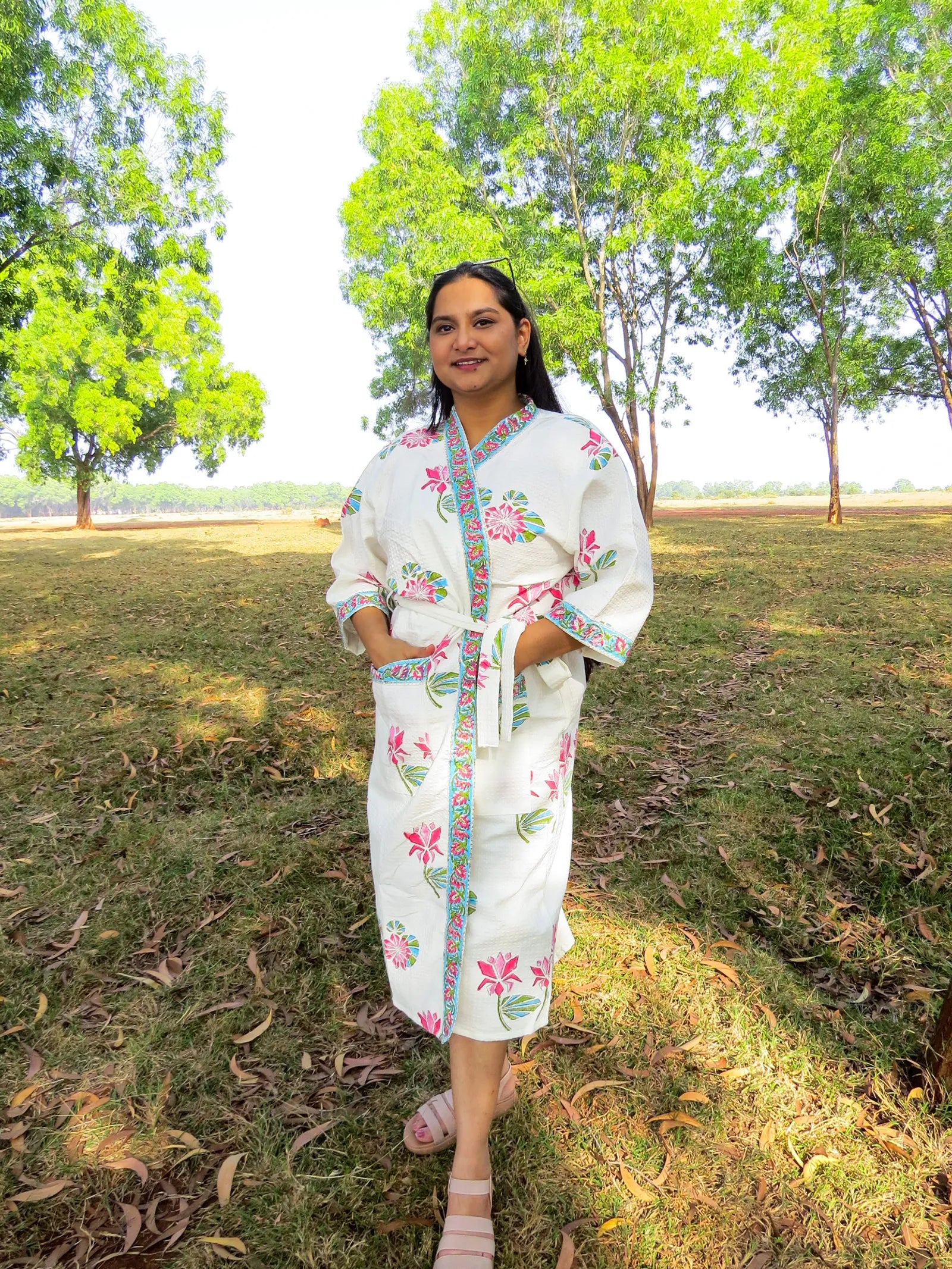 Pink Blue Floral Handblock Printed Waffle Cotton Bathrobe image 1