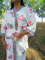 Pink Blue Floral Handblock Printed Waffle Cotton Bathrobe image 2