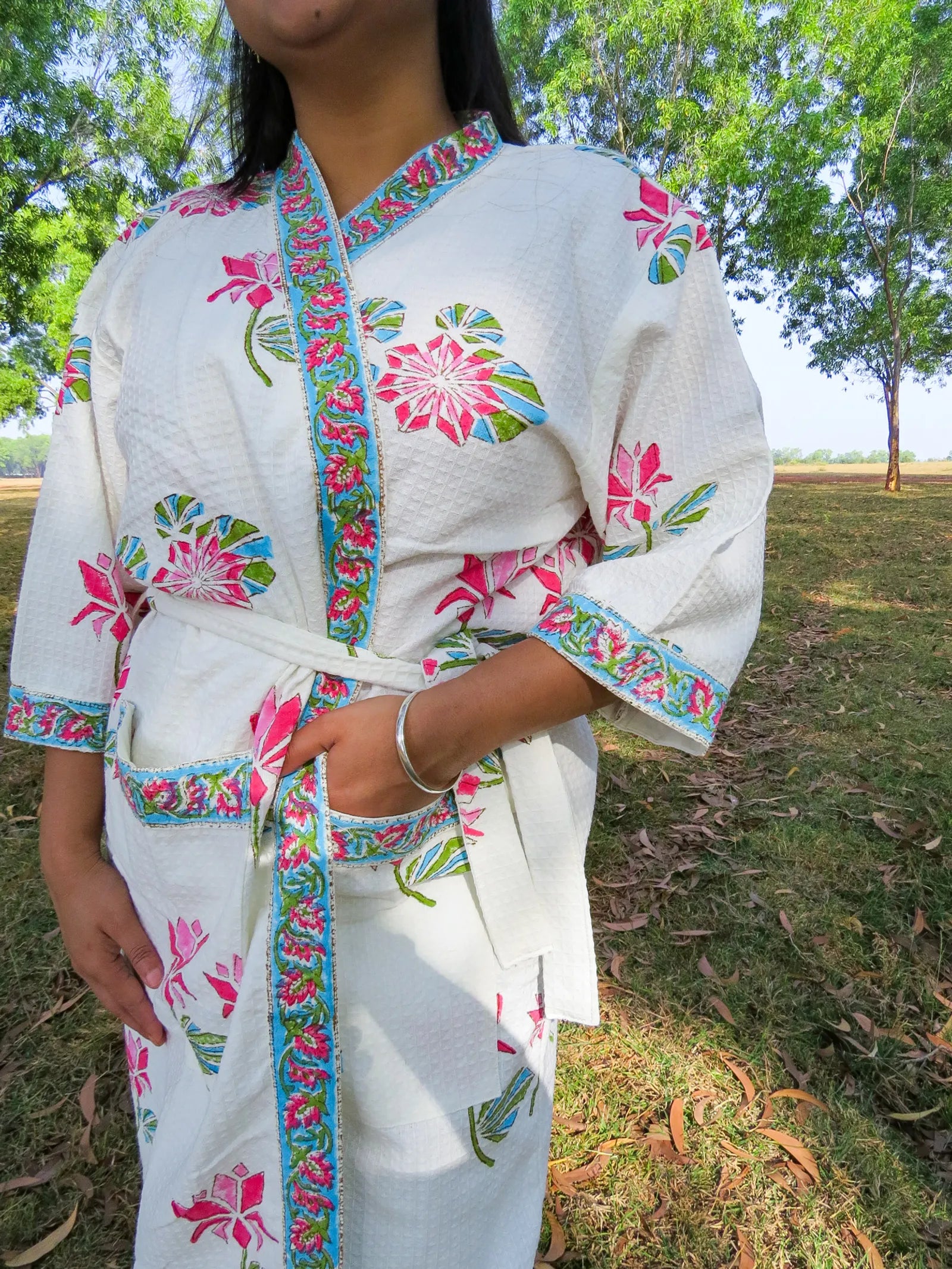 Pink Blue Floral Handblock Printed Waffle Cotton Bathrobe image 2
