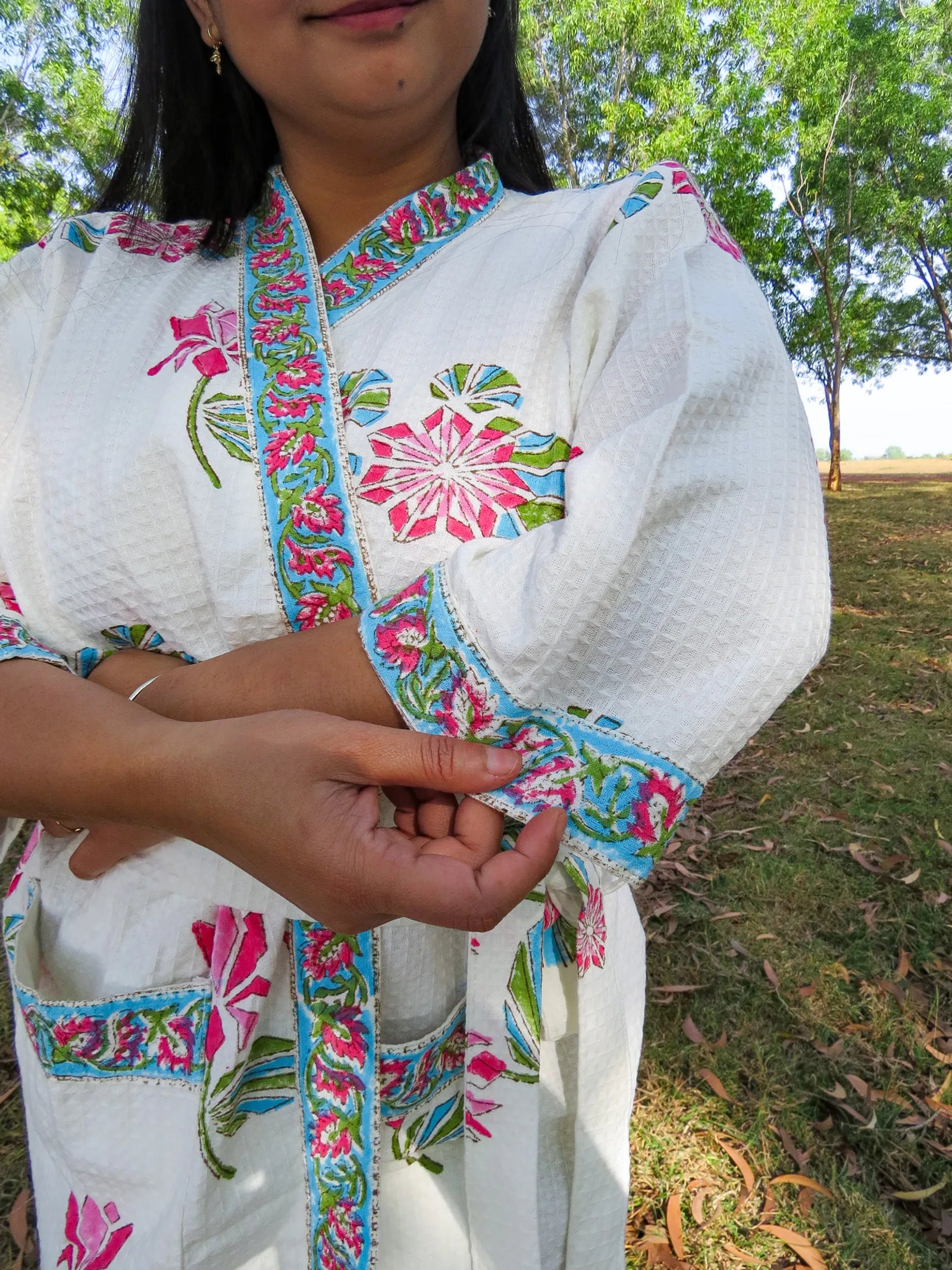 Pink Blue Floral Handblock Printed Waffle Cotton Bathrobe image 3