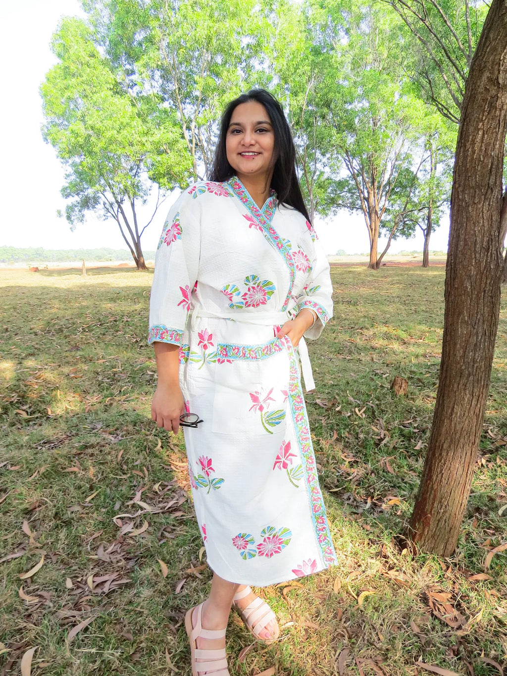Pink Blue Floral Handblock Printed Waffle Cotton Bathrobe image 4
