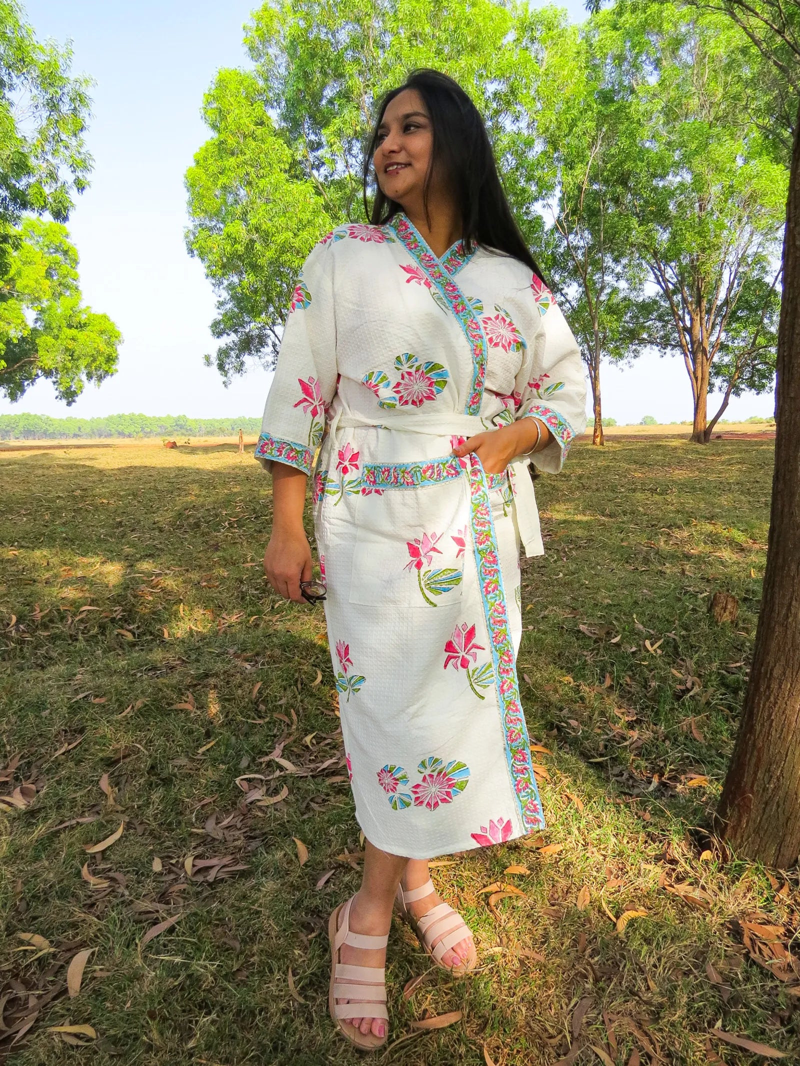 Pink Blue Floral Handblock Printed Waffle Cotton Bathrobe image 5
