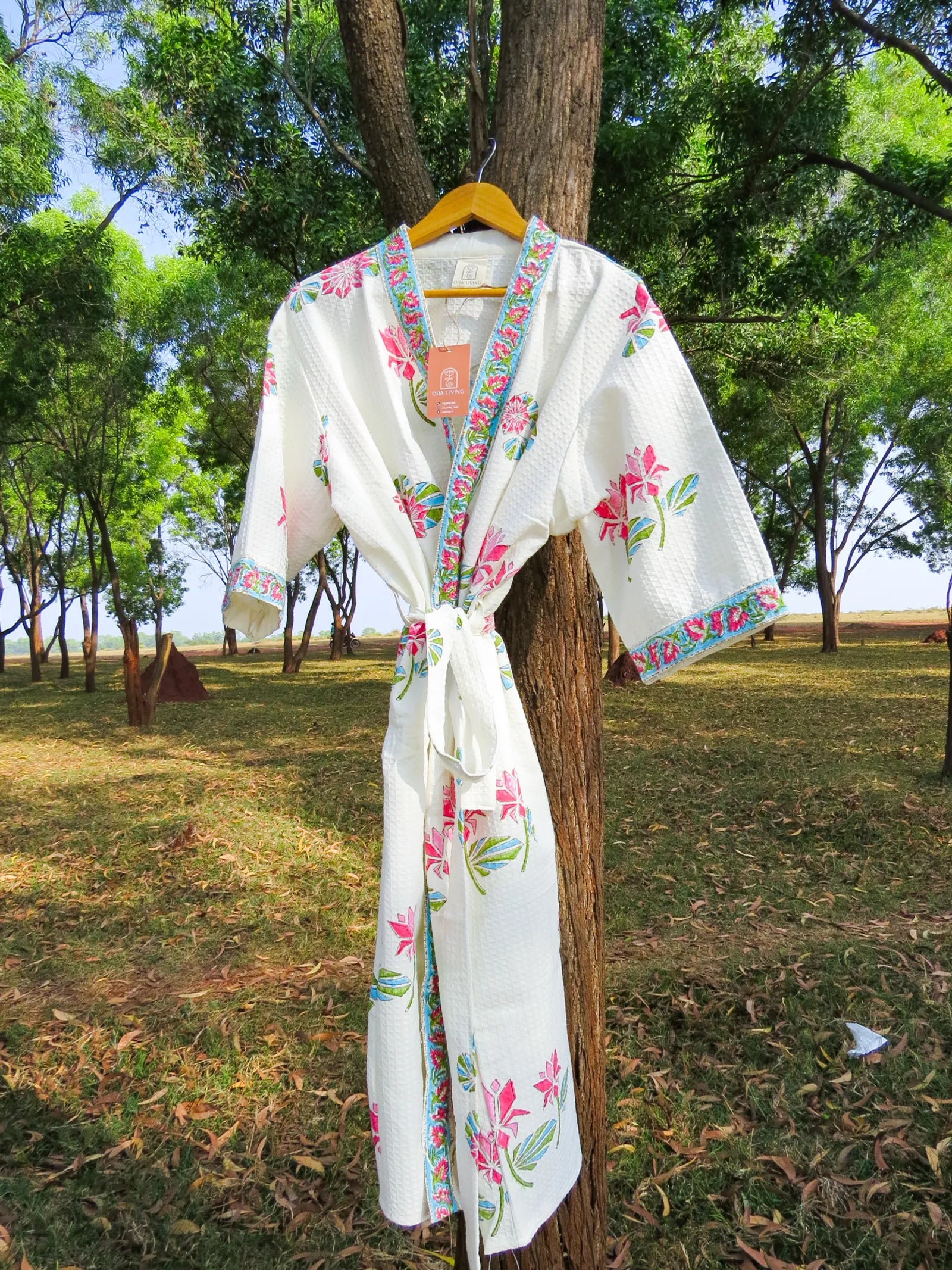 Pink Blue Floral Handblock Printed Waffle Cotton Bathrobe image 6