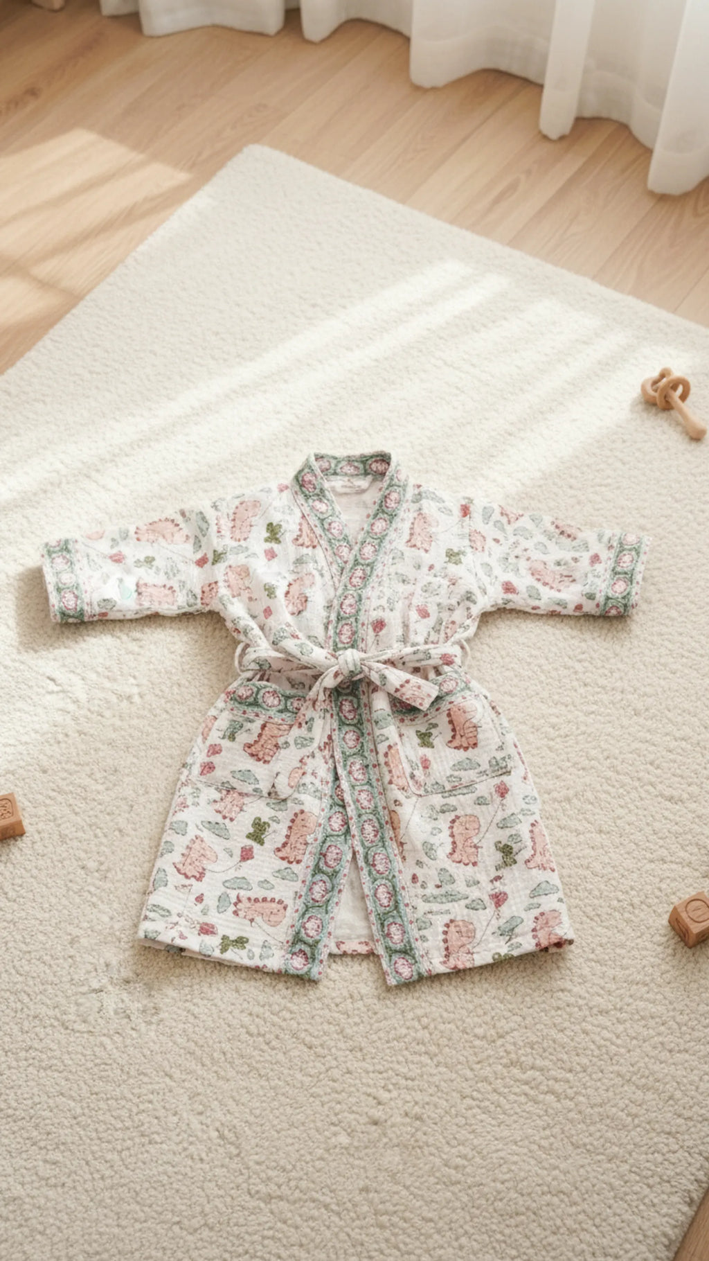 Pink Dino Pure Cotton Waffle Kids Bathrobe image 1