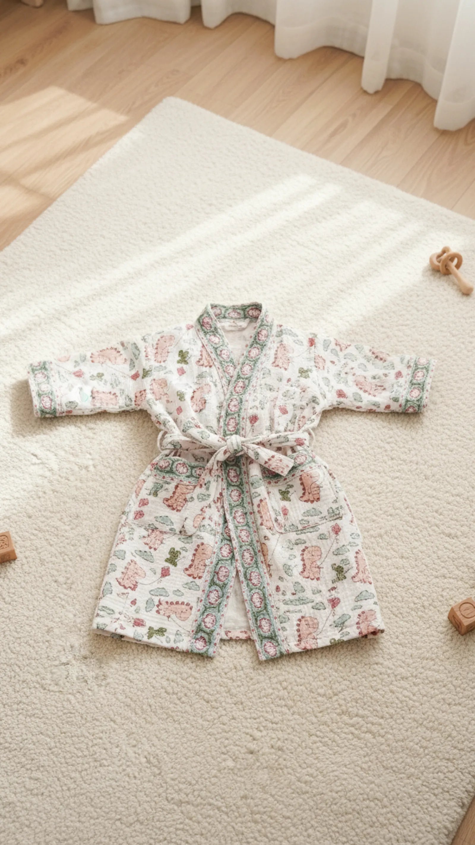 Pink Dino Pure Cotton Waffle Kids Bathrobe image 1