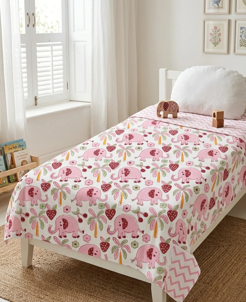 Pink Elephant Handblock Mul Cotton Kids Dohar image 1