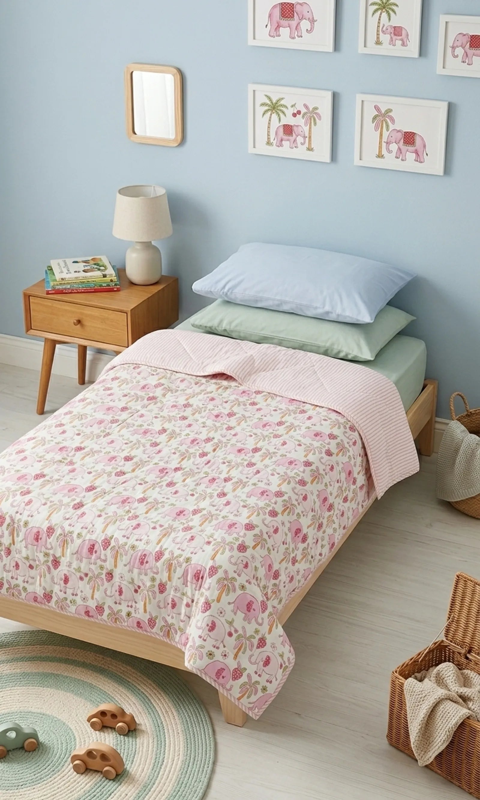 Pink Elephant Handblock Mul Cotton Kids Quilt image 1