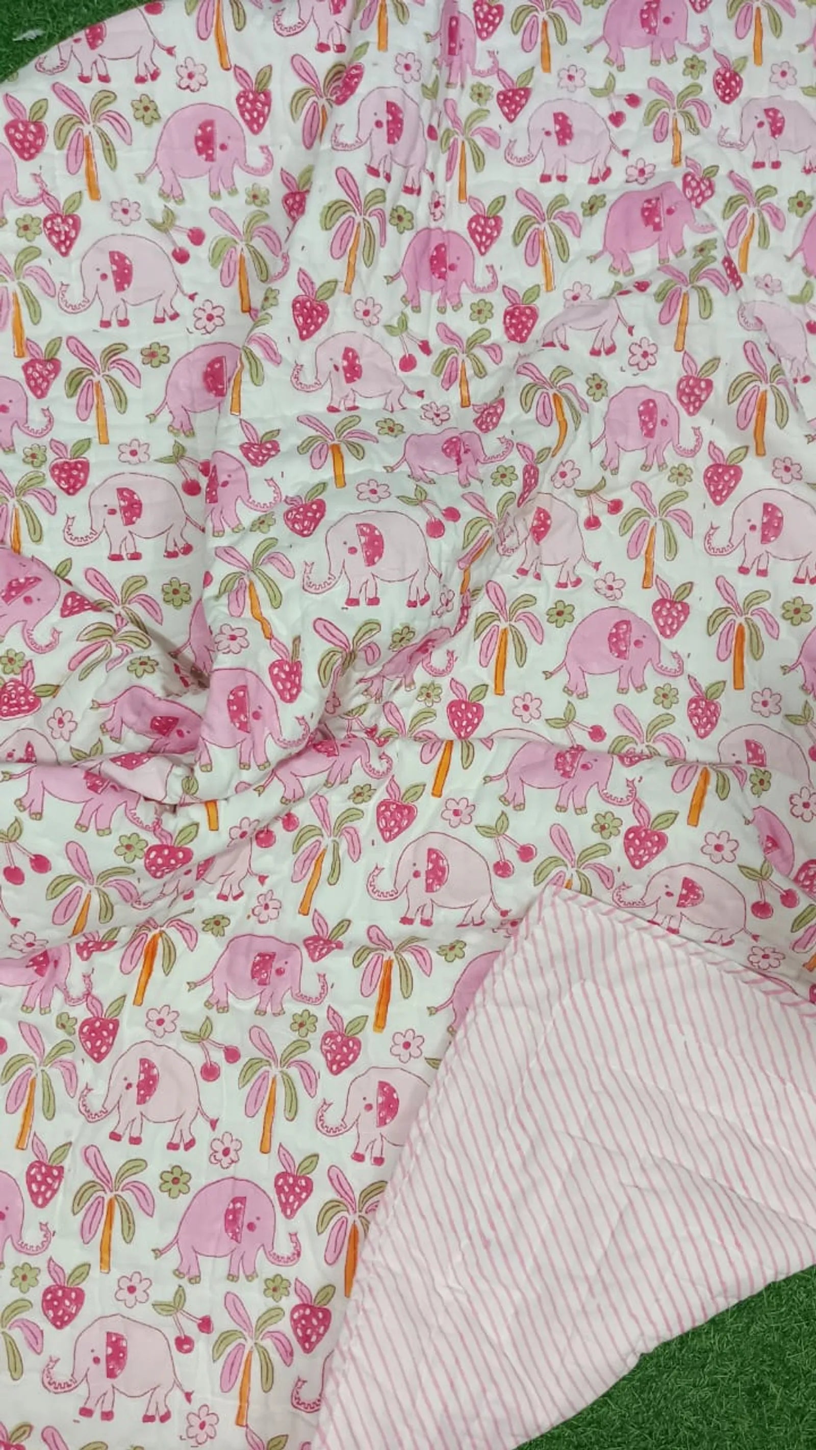 Pink Elephant Handblock Mul Cotton Kids Quilt image 2