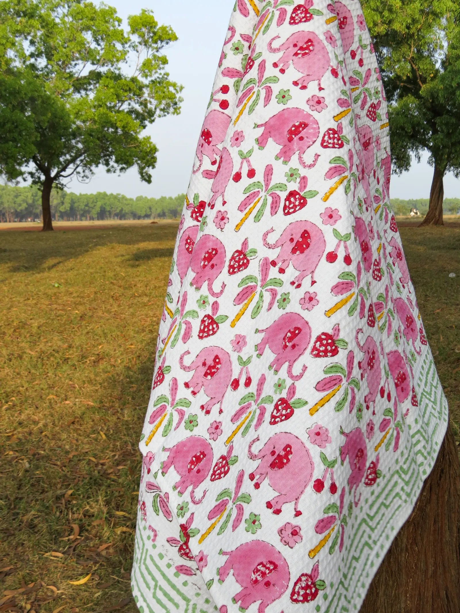 Pink Elephant Handblock Waffle Cotton Kids Bath Towel image 2