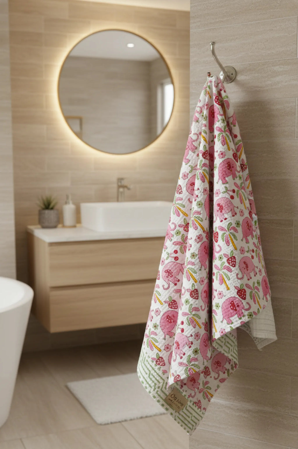 Pink Elephant Handblock Waffle Cotton Kids Bath Towel image 4