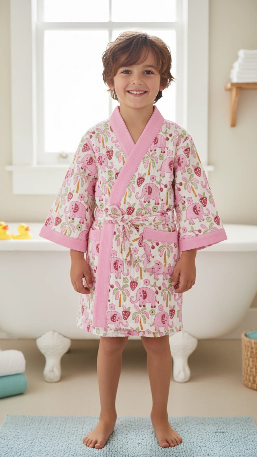 Pink Elephant Waffle Cotton Kids Bathrobe image 1