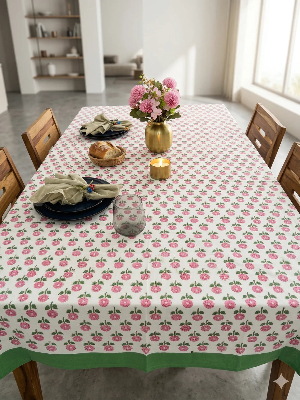 Pink Floral Butti Handblock Cotton Table Cover image 1