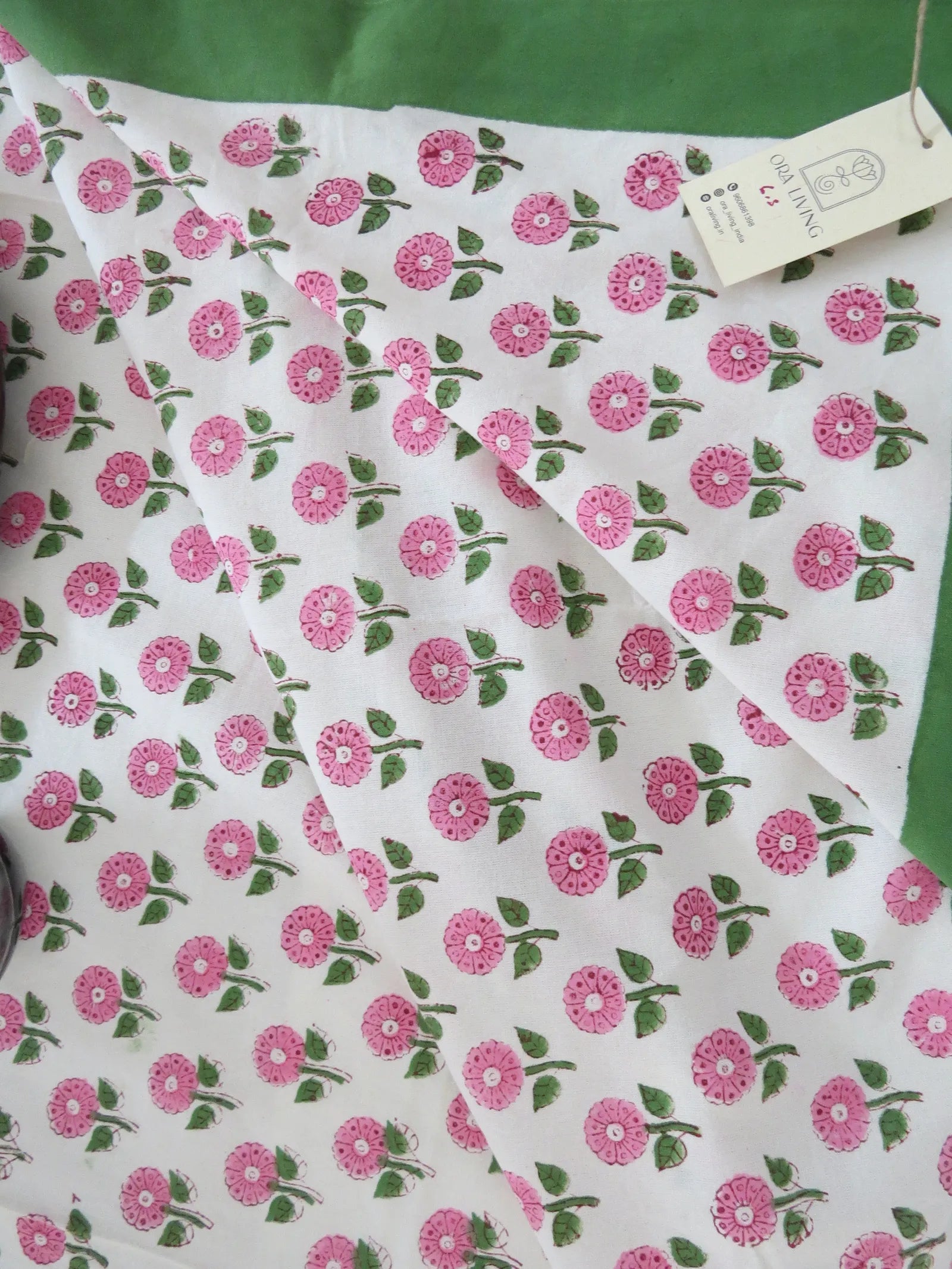 Pink Floral Butti Handblock Cotton Table Cover image 2