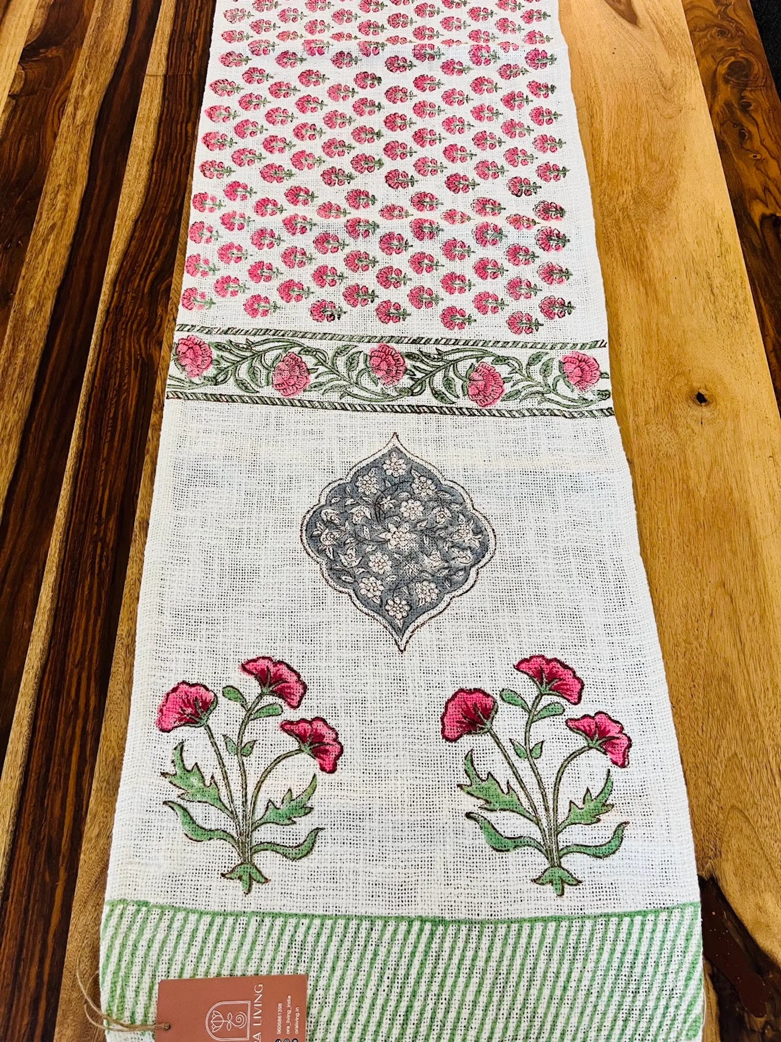 Pink Floral Handblock TNT Cotton Table Runner image 1