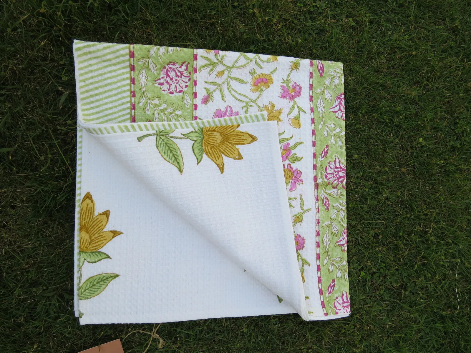 Pink Floral Handblock Waffle Cotton Bath Towel image 3