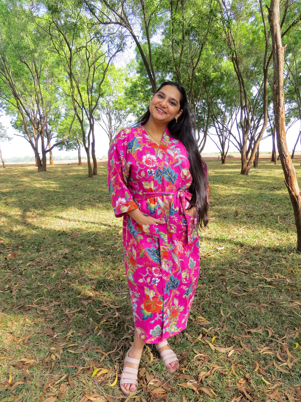 Pink Garden Handblock Printed Waffle Cotton Bathrobe image 1