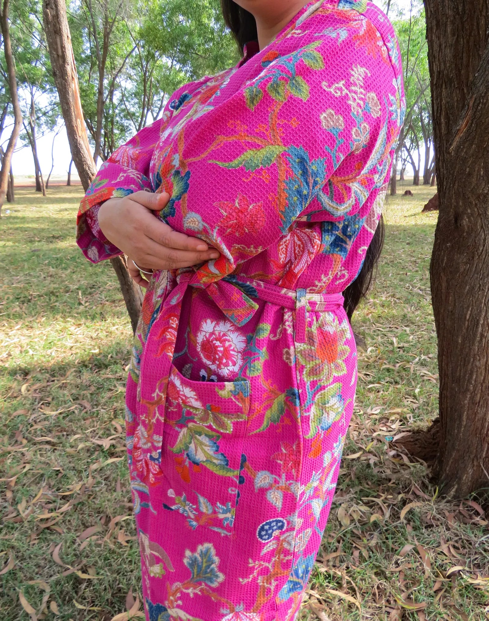 Pink Garden Handblock Printed Waffle Cotton Bathrobe image 2