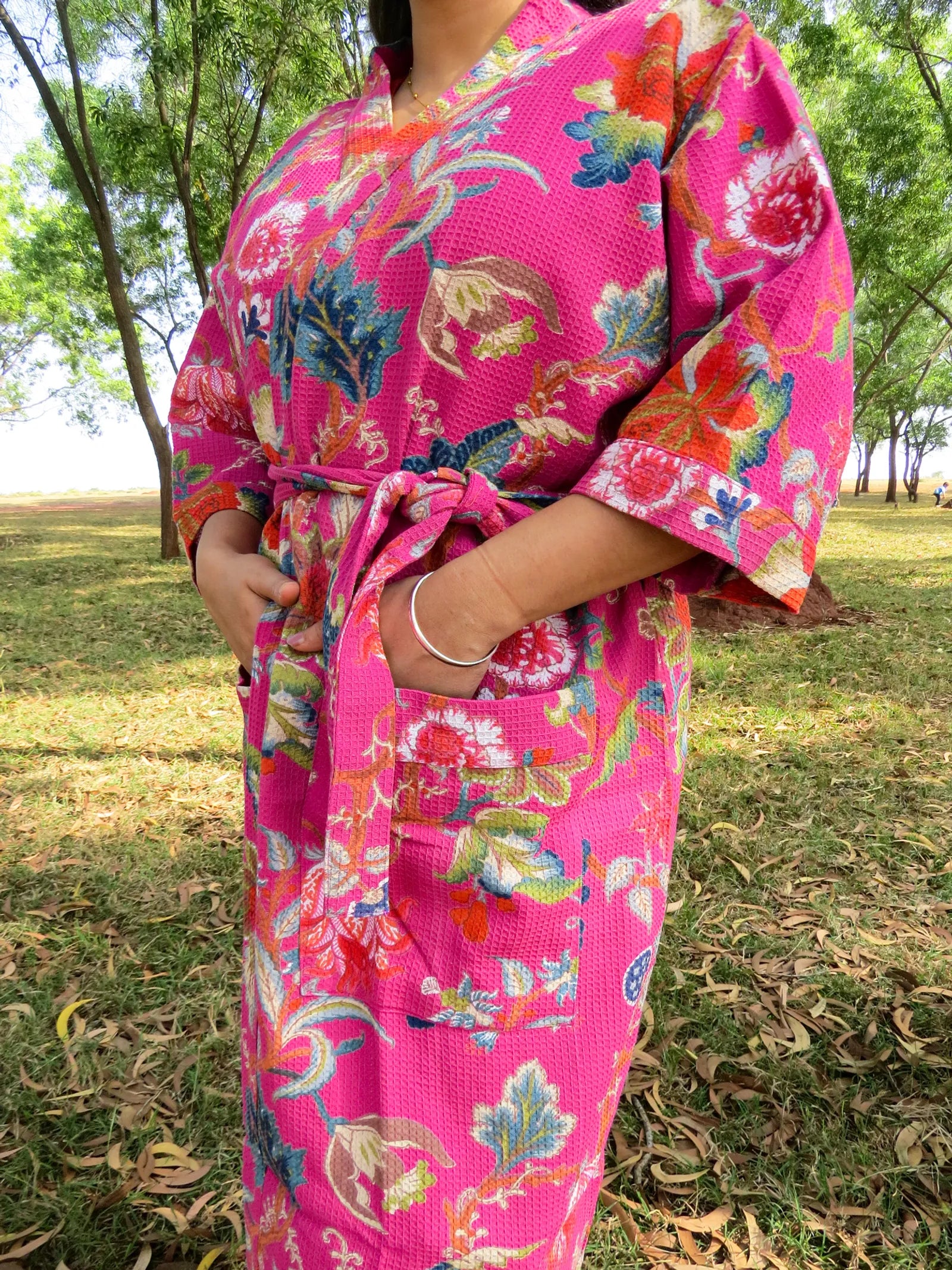 Pink Garden Handblock Printed Waffle Cotton Bathrobe image 3