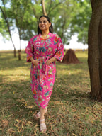Pink Garden Handblock Printed Waffle Cotton Bathrobe image 4